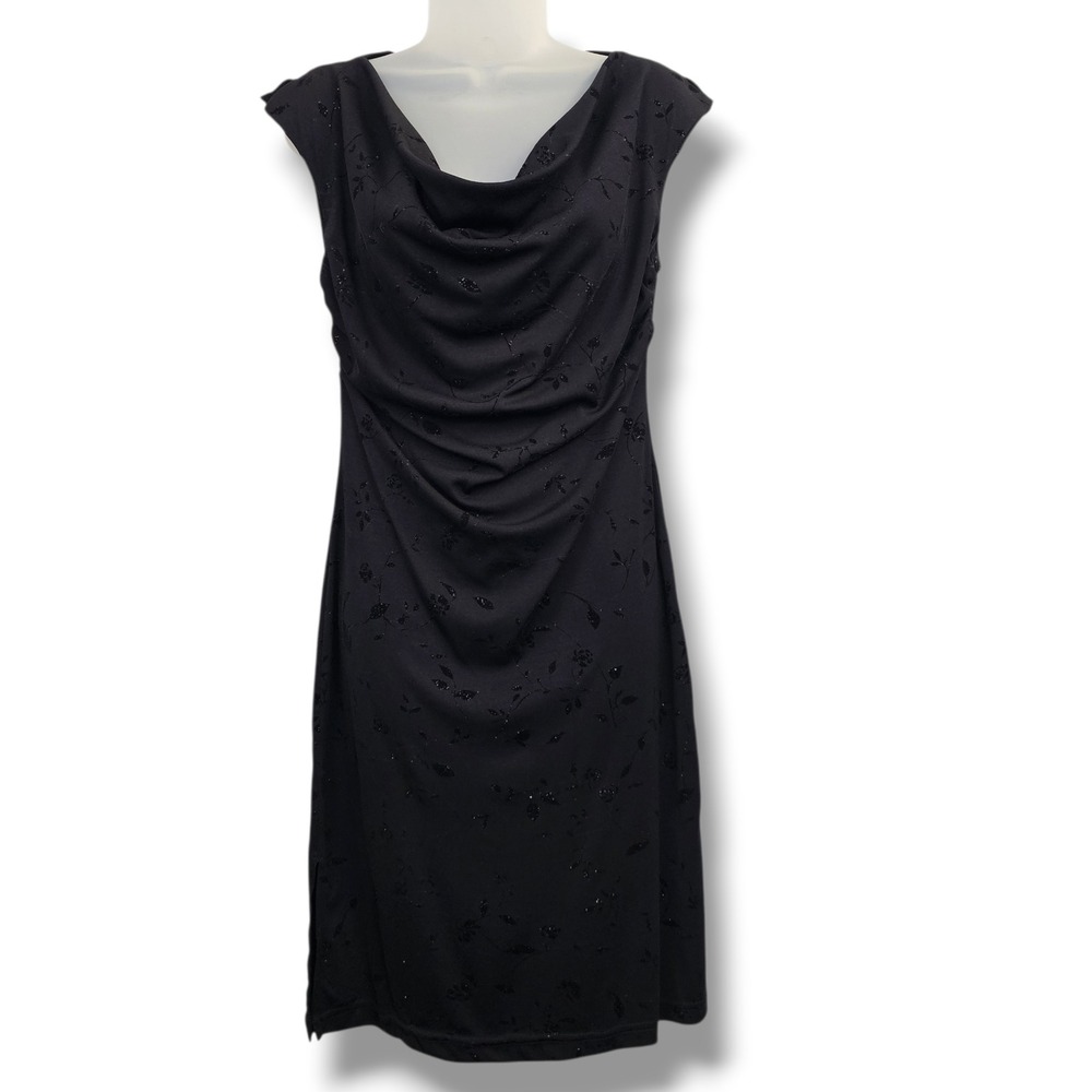 Y2K Byer Too! Midi Dress L Black Glitter Floral Cowl Neck Ruched Whimsigoth Prom
